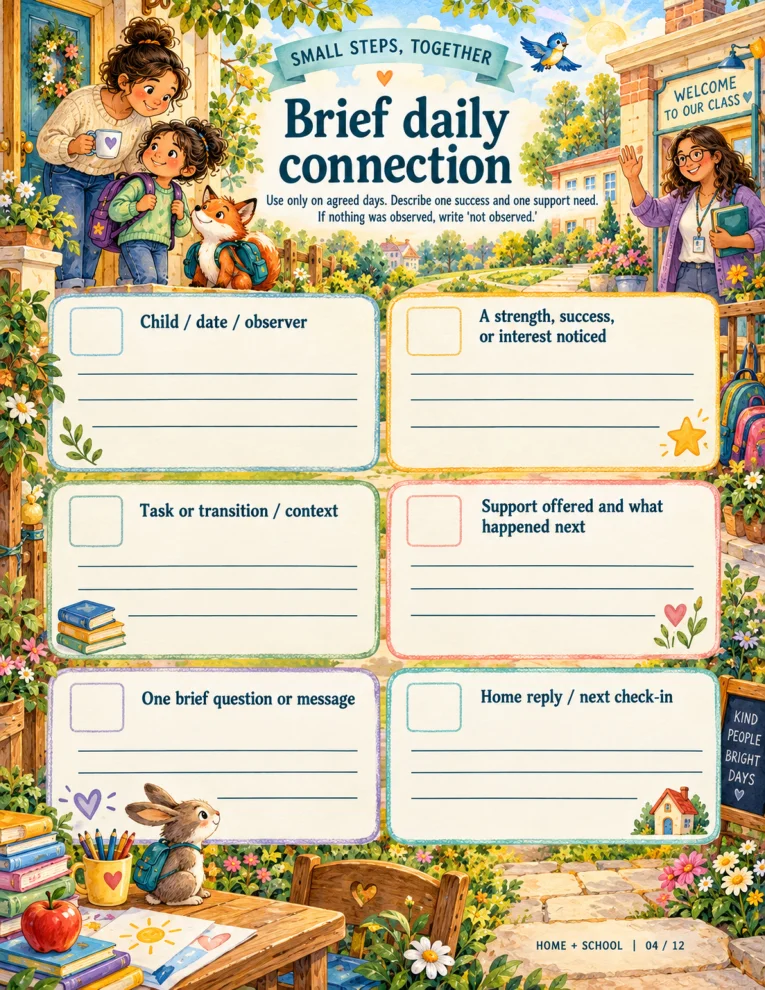 Actual printable home-school daily connection page
